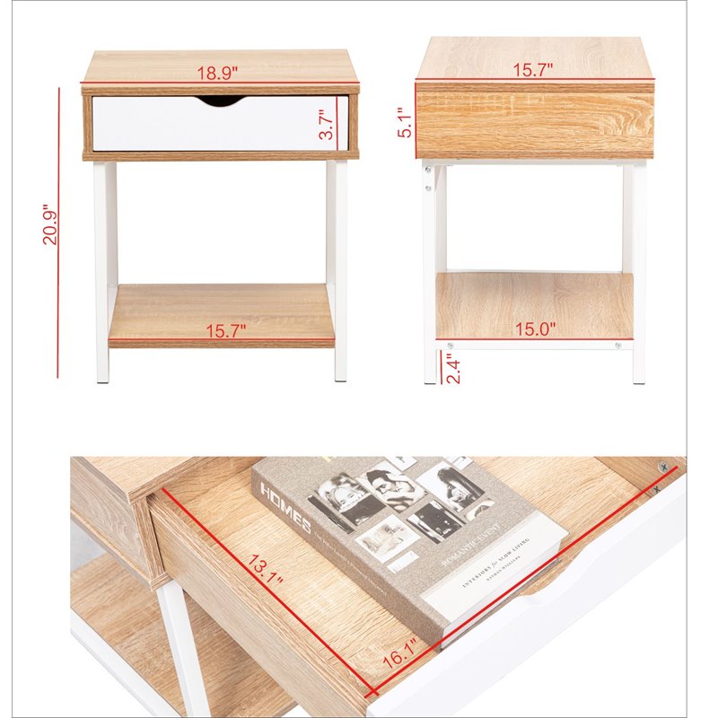 JJS Modern Wood End Table with Drawer and Storage Shelves in Oak/White