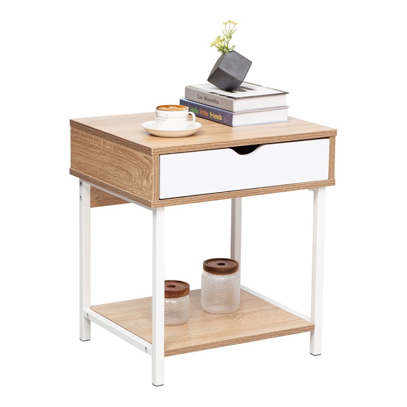 JJS Modern Wood End Table with Drawer and Storage Shelves in Oak/White
