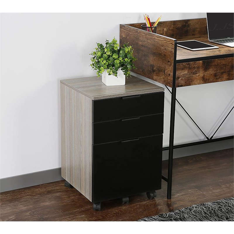 JJS 3-Drawer Wood Rolling File Cabinet with Locking Wheels in Black/Gray
