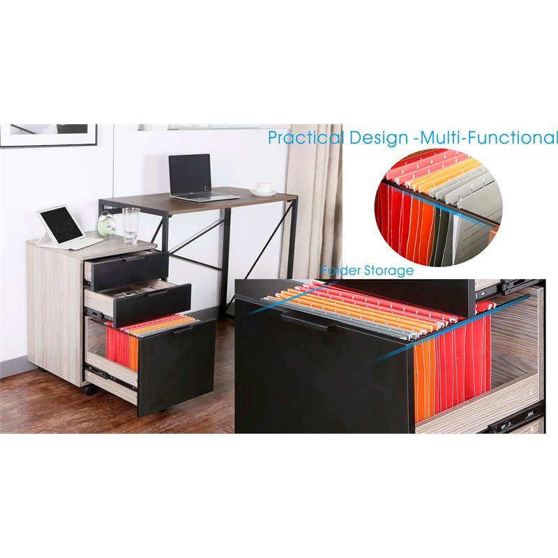 JJS 3-Drawer Wood Rolling File Cabinet with Locking Wheels in Black/Gray