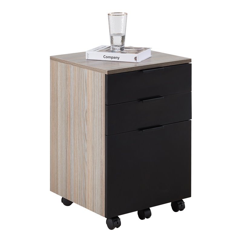 JJS 3-Drawer Wood Rolling File Cabinet with Locking Wheels in Black/Gray