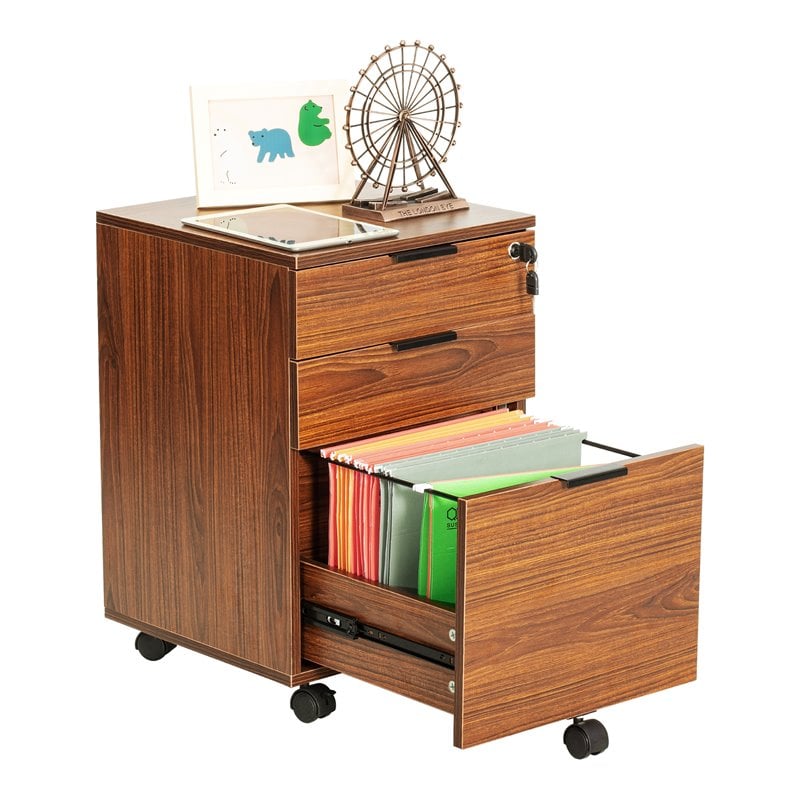 JJS 3-Drawer Modern Wood Rolling File Cabinet with Lock in Brown