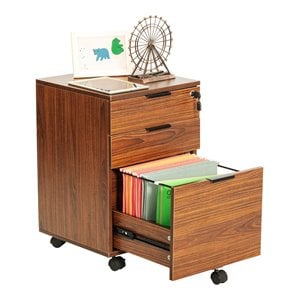 JJS 3-Drawer Modern Wood Rolling File Cabinet with Lock in Brown