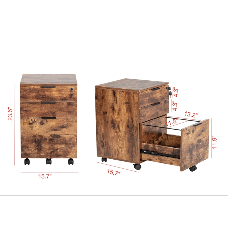 JJS 3-Drawer Modern Engineered Wood Rolling File Cabinet with Lock in Brown