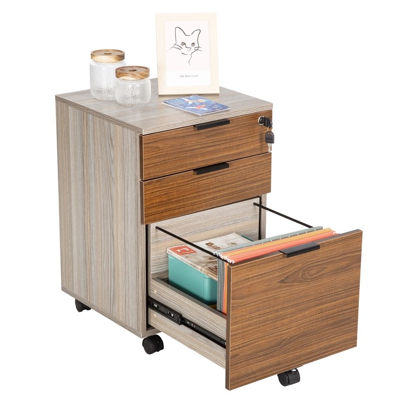 JJS 3-Drawer Modern Wood Rolling File Cabinet with Lock in Rustic Brown