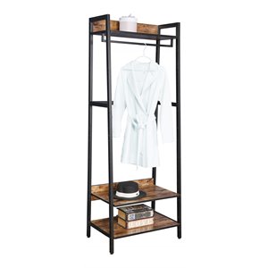 JJS 25.2&quot Wood & Metal Entryway Coat Rack with Storage Shelves in Rustic Brown