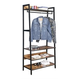 JJS 33&quot Wood & Metal Entryway Coat Rack with Storage Shelves in Brown