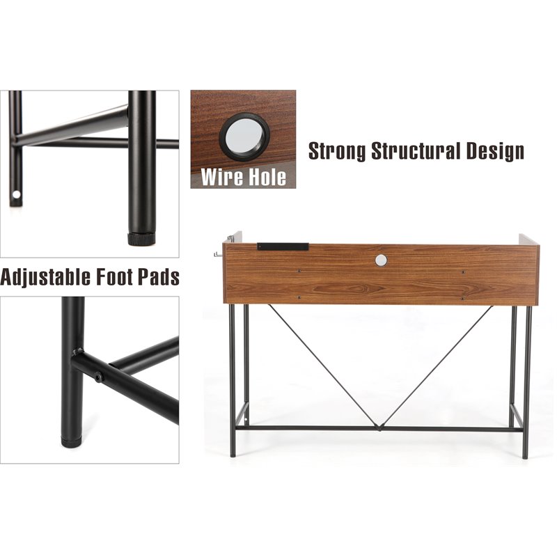 JJS Wood & Metal Computer/Study Writing Desk with Drawers in Walnut/Cement