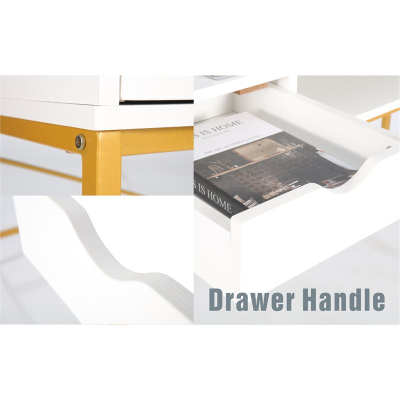 JJS Wood & Metal Writing/Computer Desk with Drawers in White/Golden