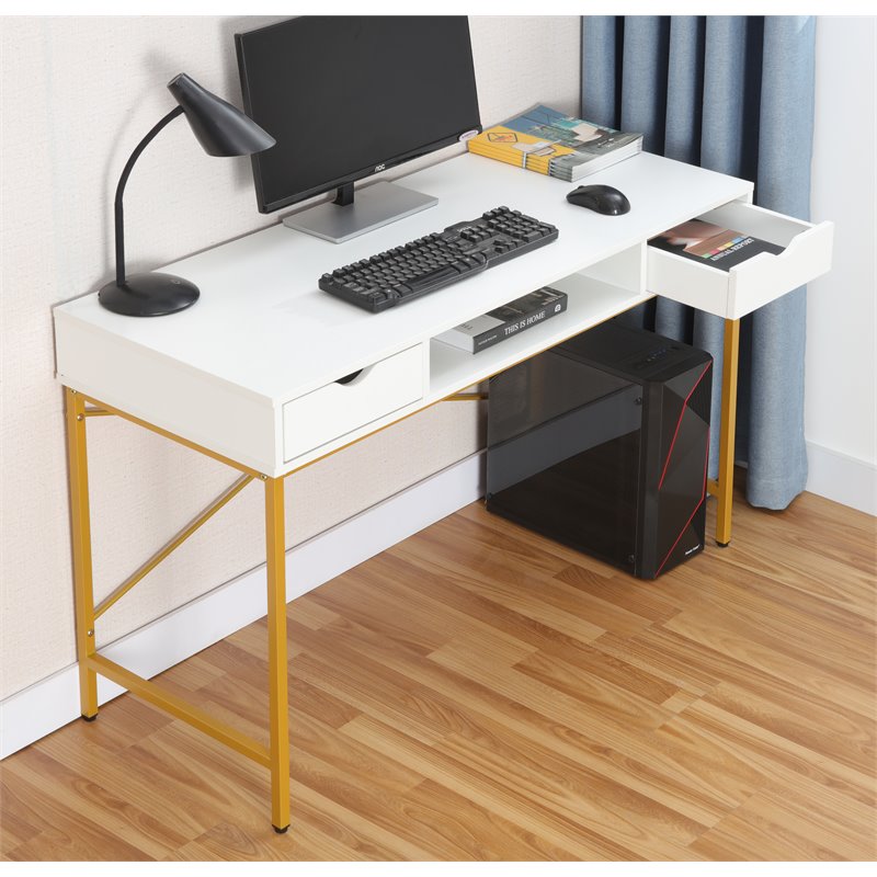 JJS Wood & Metal Writing/Computer Desk with Drawers in White/Golden