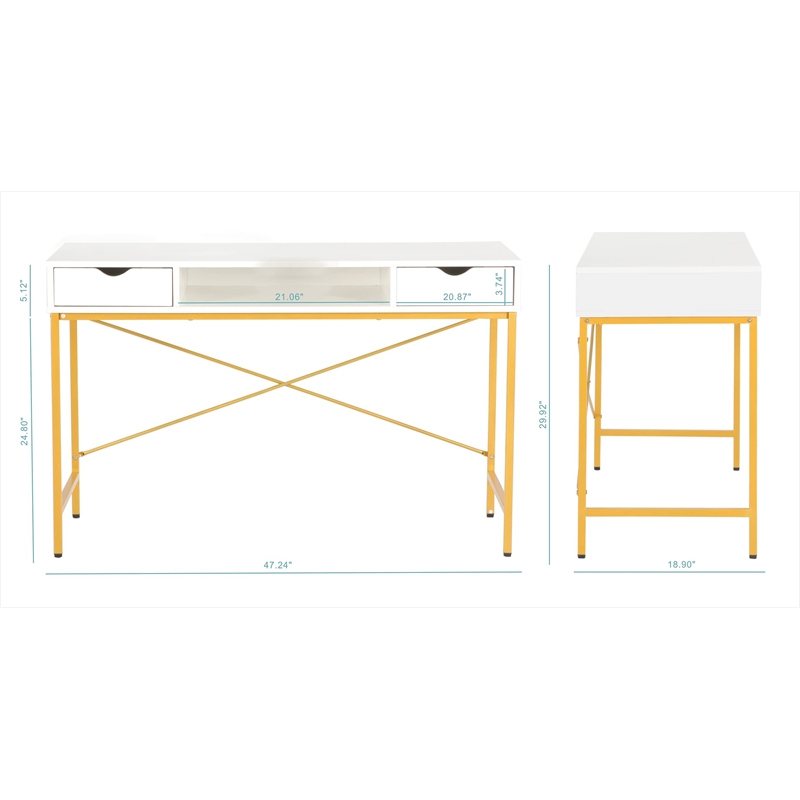 JJS Wood & Metal Writing/Computer Desk with Drawers in White/Golden