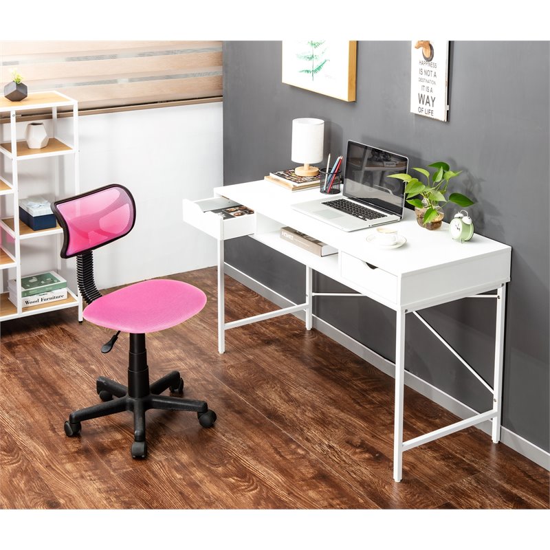 JJS Wood & Metal Writing/Computer Desk with Drawers in White