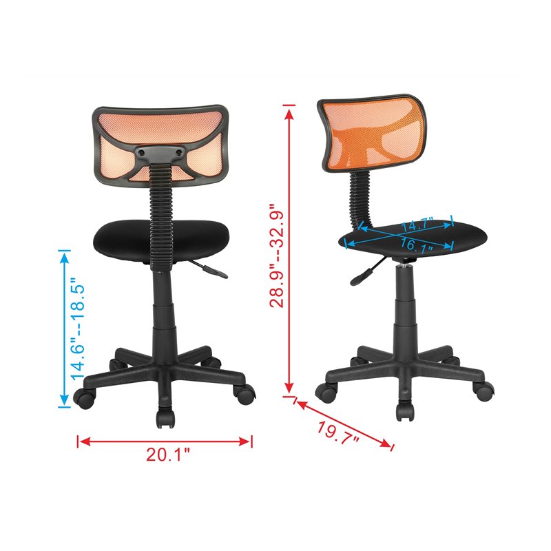 JJS Low-Back Mesh & Plastic Upholstered Teens Rolling Desk Chair in Orange