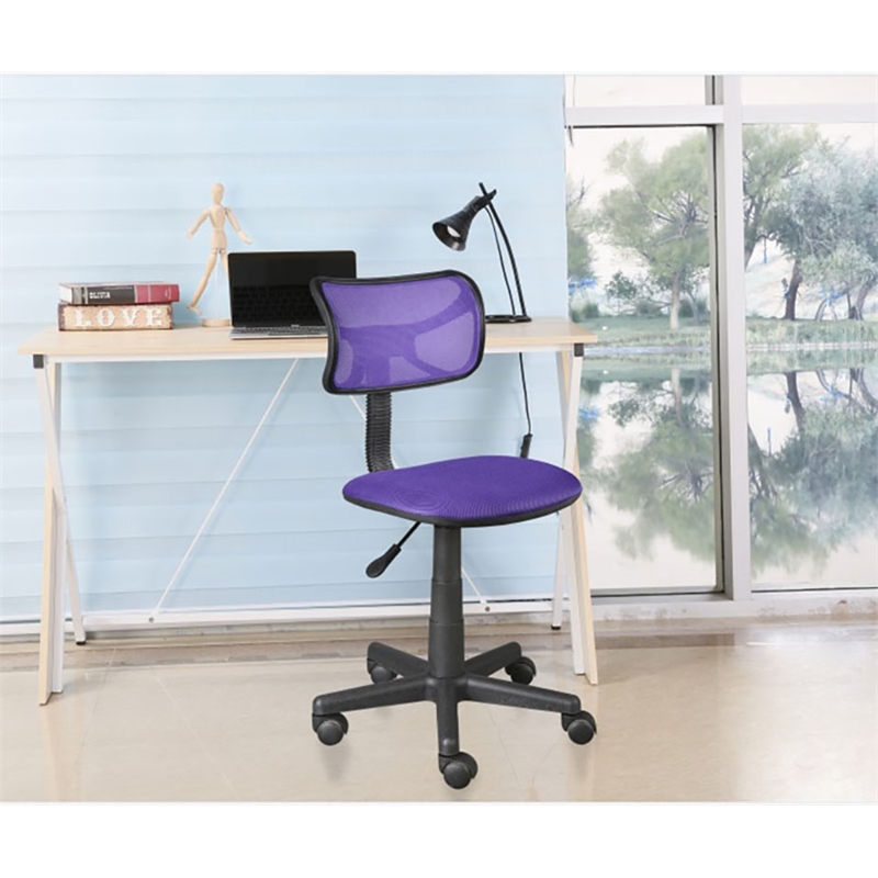 JJS Low-Back Mesh & Plastic Upholstered Teens Rolling Desk Chair in Purple