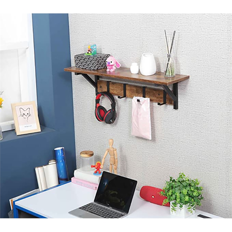 JJS Wood Floating Shelf with Coat Hooks Key Holder in Rustic Brown (Set of 3)