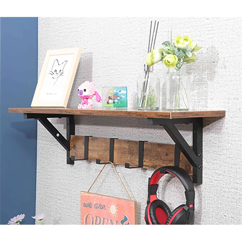 JJS Wood Floating Shelf with Coat Hooks Key Holder in Rustic Brown (Set of 3)
