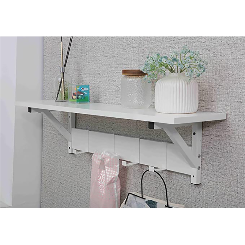 JJS Wood/Metal Floating Shelf with Coat Hooks Key Holder in White (Set of 2)