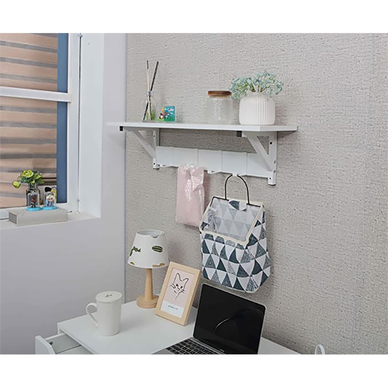 JJS Wood/Metal Floating Shelf with Coat Hooks Key Holder in White (Set of 2)
