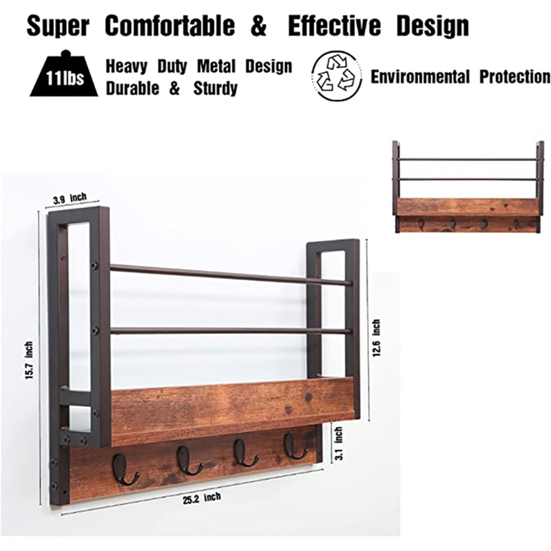 JJS Wood Floating Book Shelf w/ Coat Hooks Key Holder in Rustic Brown (Set of 3)