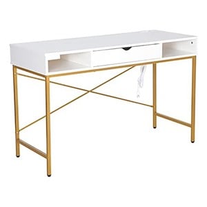 JJS 47.2&quot Wood Writing Desk w/ Drawer USB Ports Charging Station in White/Golden