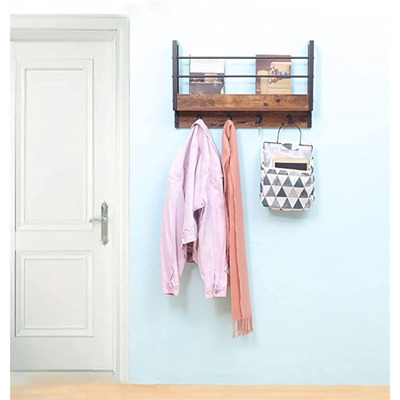 JJS Wood Floating Book Shelf w/ Coat Hooks Key Holder in Rustic Brown (Set of 2)
