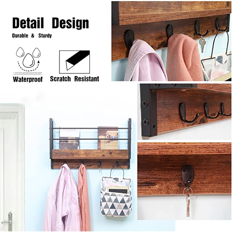 JJS Wood Floating Book Shelf w/ Coat Hooks Key Holder in Rustic Brown (Set of 2)