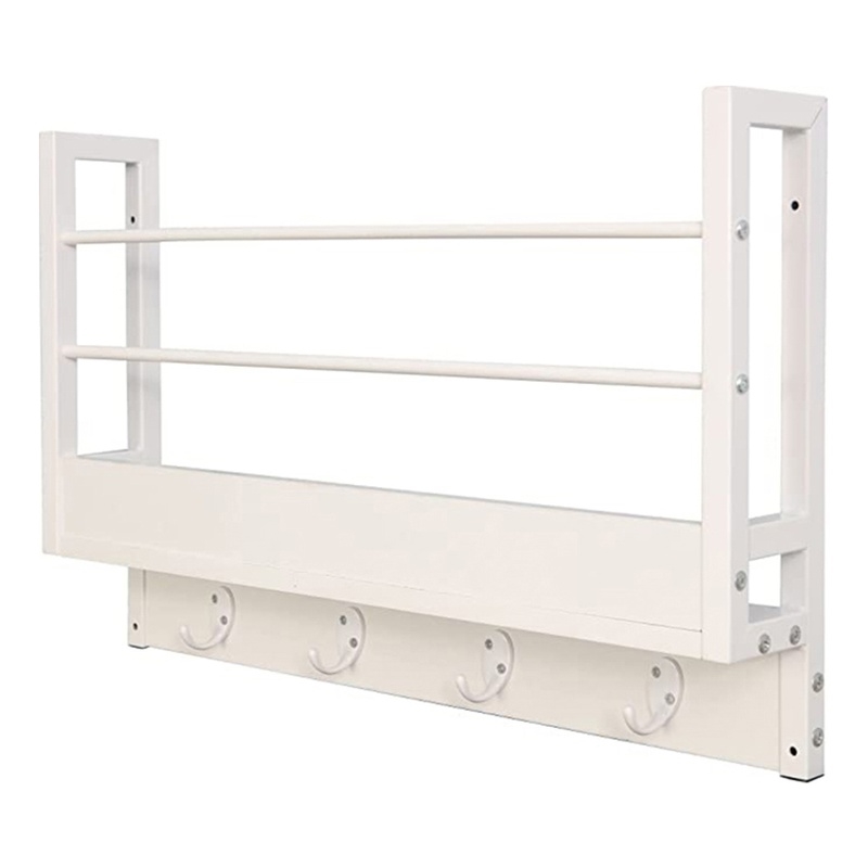 JJS Wood Floating Book Shelf with Coat Hooks Key Holder in White (Set of 2)