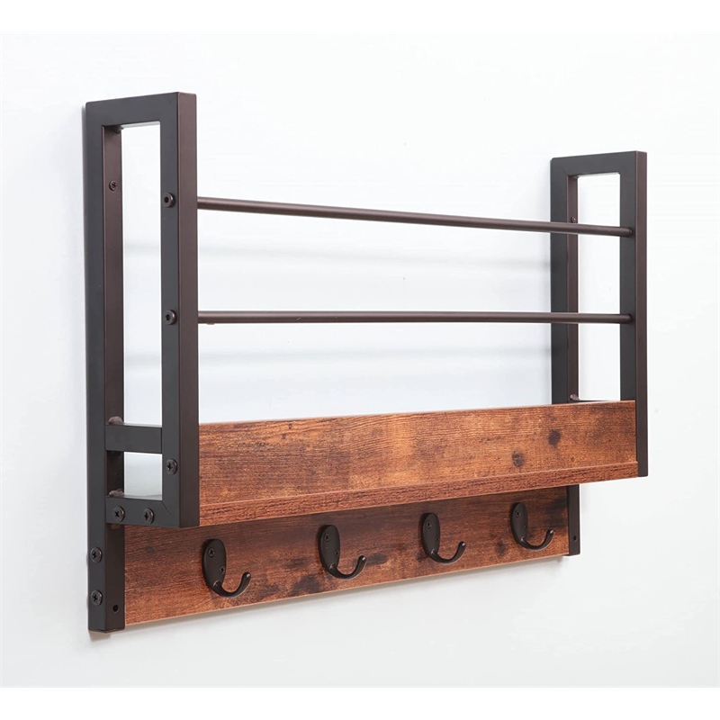 JJS Wood Floating Book Shelf with Coat Hooks Key Holder in Rustic Brown