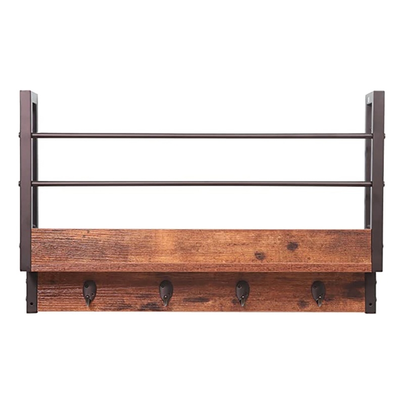 JJS Wood Floating Book Shelf with Coat Hooks Key Holder in Rustic Brown