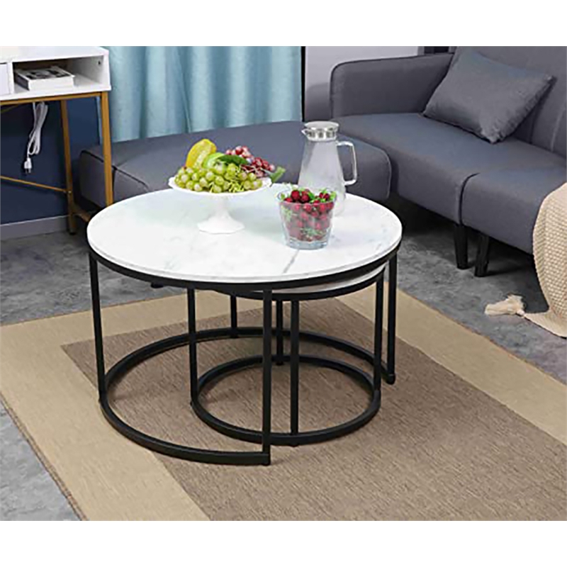 JJS Round Wood/Metal Nesting Coffee Table in Marble/Black (Set of 2)