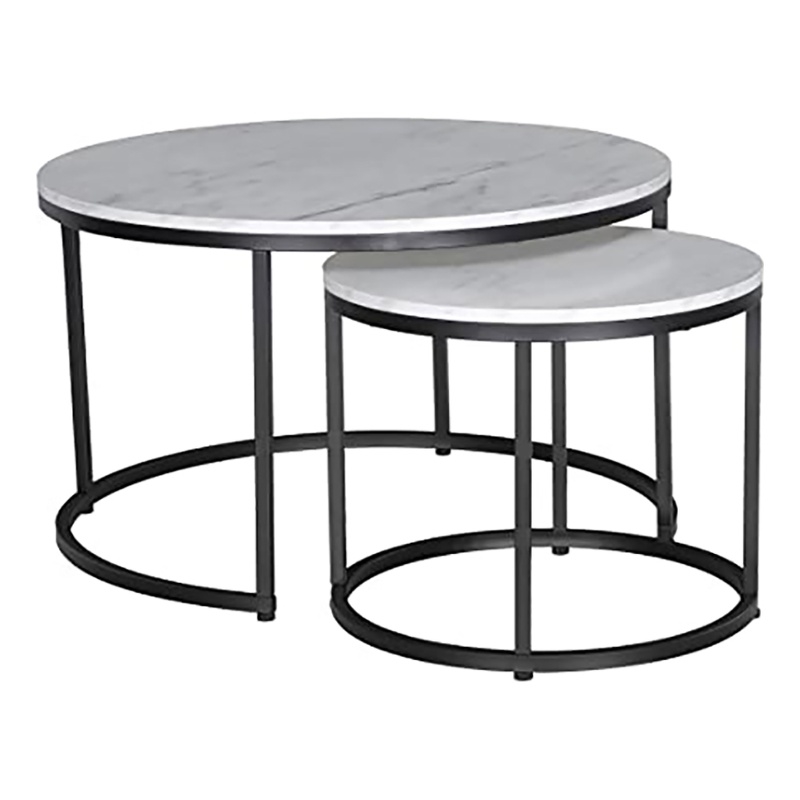 JJS Round Wood/Metal Nesting Coffee Table in Marble/Black (Set of 2)