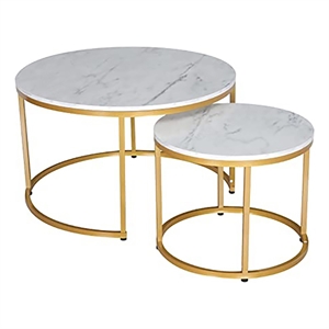 JJS Round Wood/Metal Nesting Coffee Table in Gold/Marble (Set of 2)