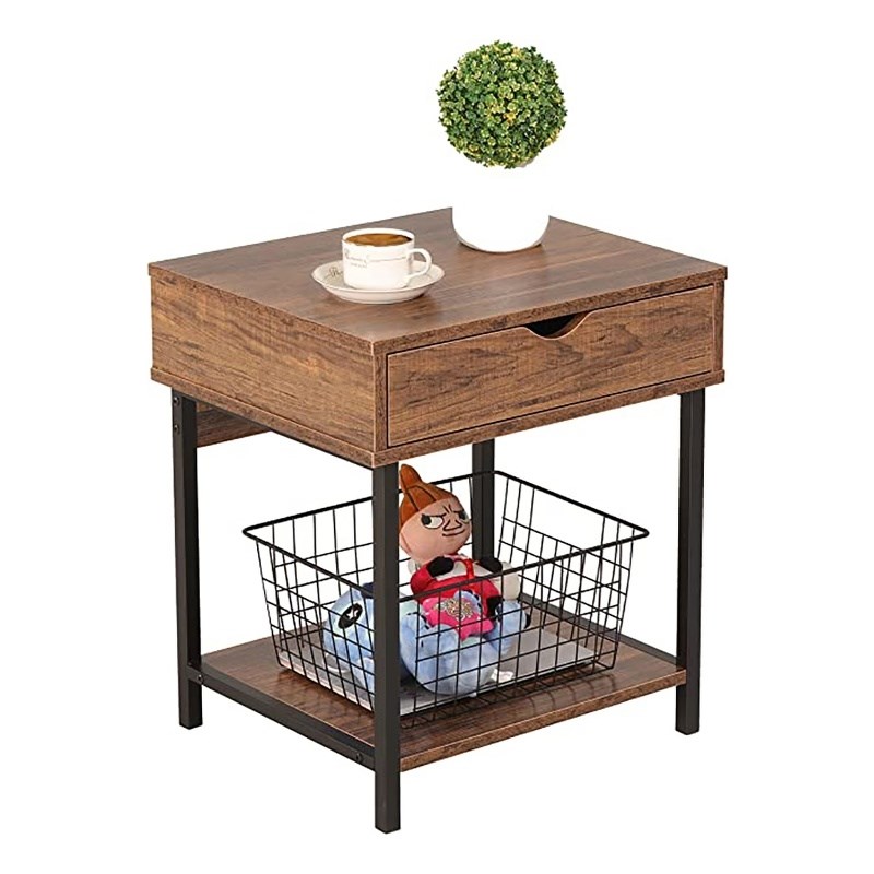 JJS Wood Side End Table with Drawer and Storage Shelves in Brown