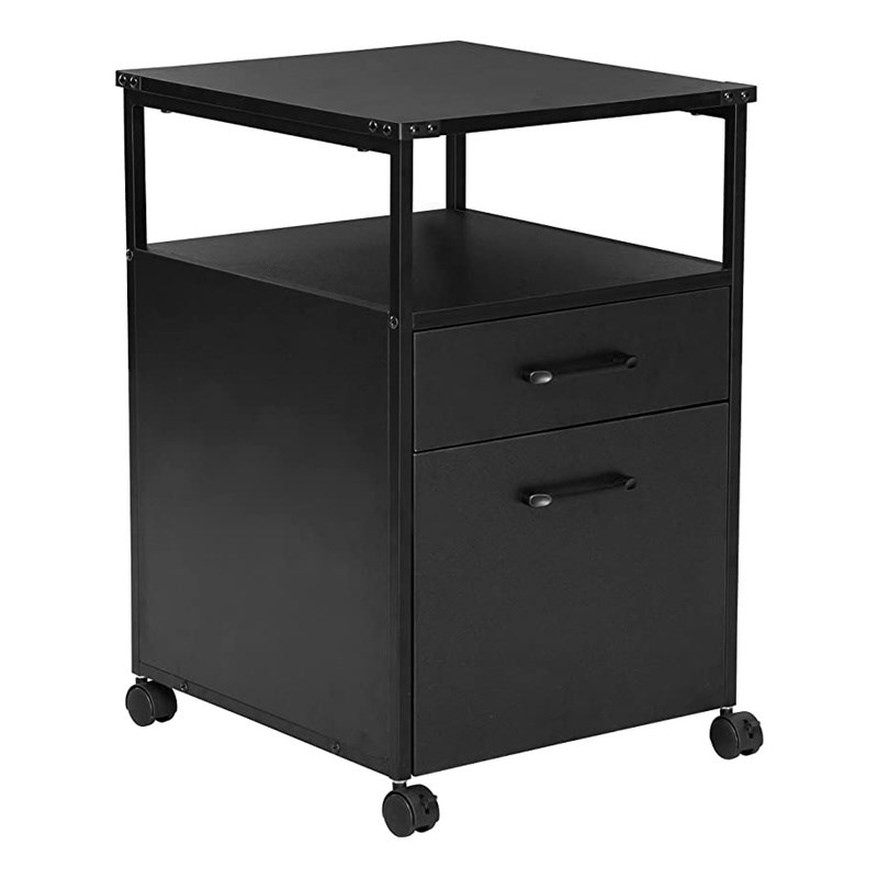 JJS Mobile Open Shelf Wood Home Office Filing Cabinet Printer Stand in Black