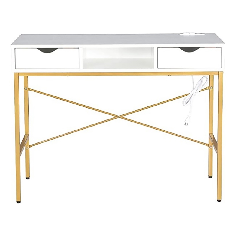 JJS Large Wood Writing Desk w/ Drawer USB Ports Charging Station in White/Golden