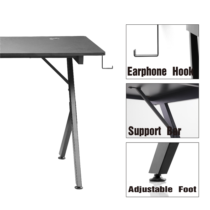 JJS 63 Inch Gaming Desk with USB Mouse Pad Black Engineered Wood