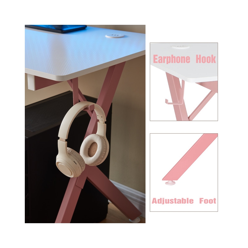 JJS 63 Inch Gaming Desk with USB Mouse Pad Pink White Engineered Wood