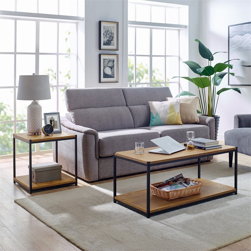 Caffoz Wood/Metal Center Coffee Table with Storage Shelf in Brown