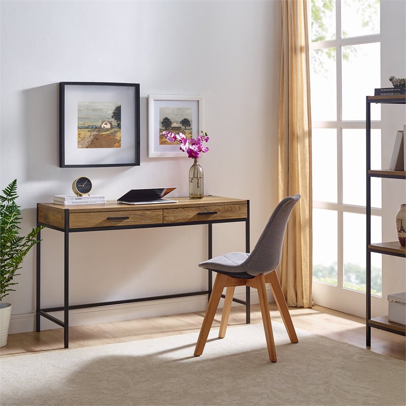 Caffoz 2-Drawer Wood/Metal Writing Desk with Shelve in Mahogany Brown