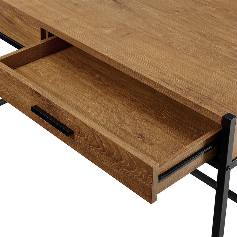 Caffoz 2-Drawer Wood/Metal Writing Desk with Shelve in Mahogany Brown