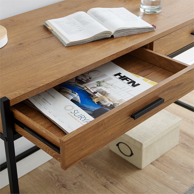 Caffoz 2-Drawer Wood/Metal Writing Desk with Shelve in Mahogany Brown