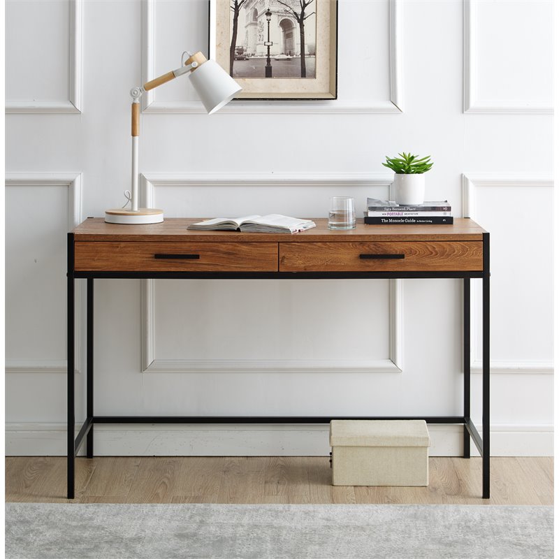 Caffoz 2-Drawer Wood/Metal Writing Desk with Shelve in Mahogany Brown