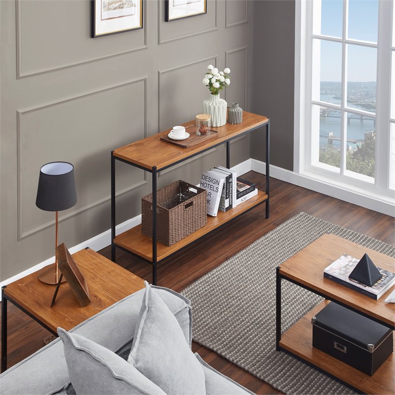 Caffoz Brooklyn Series Wood Console Table with Storage Shelf in Oak