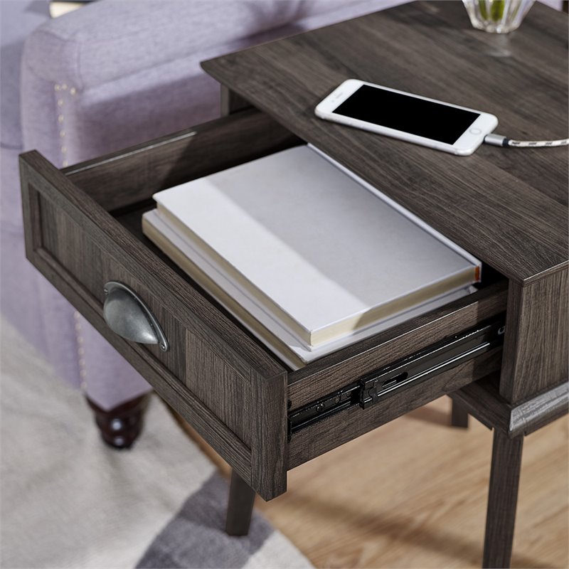 Caffoz Newport Series Wood End Table with Storage Drawer in Smoke Oak