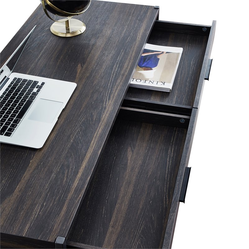 Caffoz 2-Drawer Wood/Metal Writing Desk with Shelve in Dark Brown