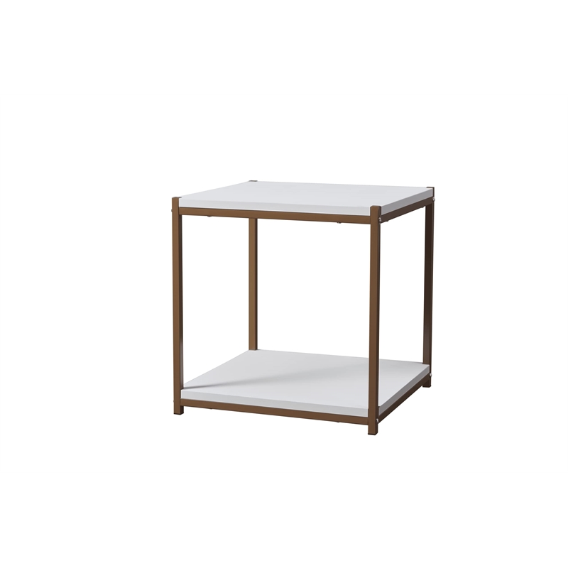 Caffoz Tall Wood/Metal Side End Table with Storage Shelf in White/Gold