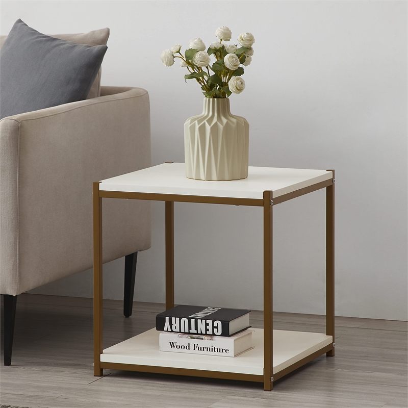 Caffoz Tall Wood/Metal Side End Table with Storage Shelf in White/Gold