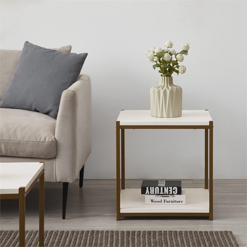 Caffoz Tall Wood/Metal Side End Table with Storage Shelf in White/Gold