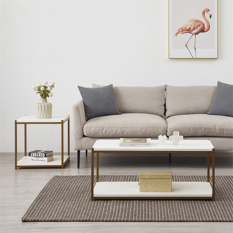 Caffoz Tall Wood/Metal Side End Table with Storage Shelf in White/Gold