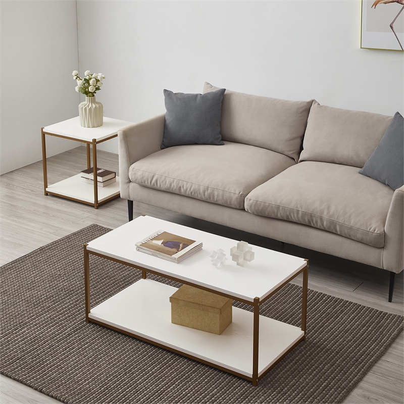 Caffoz Tall Wood/Metal Side End Table with Storage Shelf in White/Gold